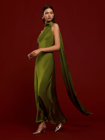 Asimetrik Sırt Dekolteli Saten Elbise